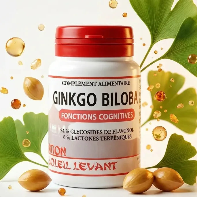 Ginkgo Biloba 60 gélules avec feuilles et noix dorées sur fond blanc