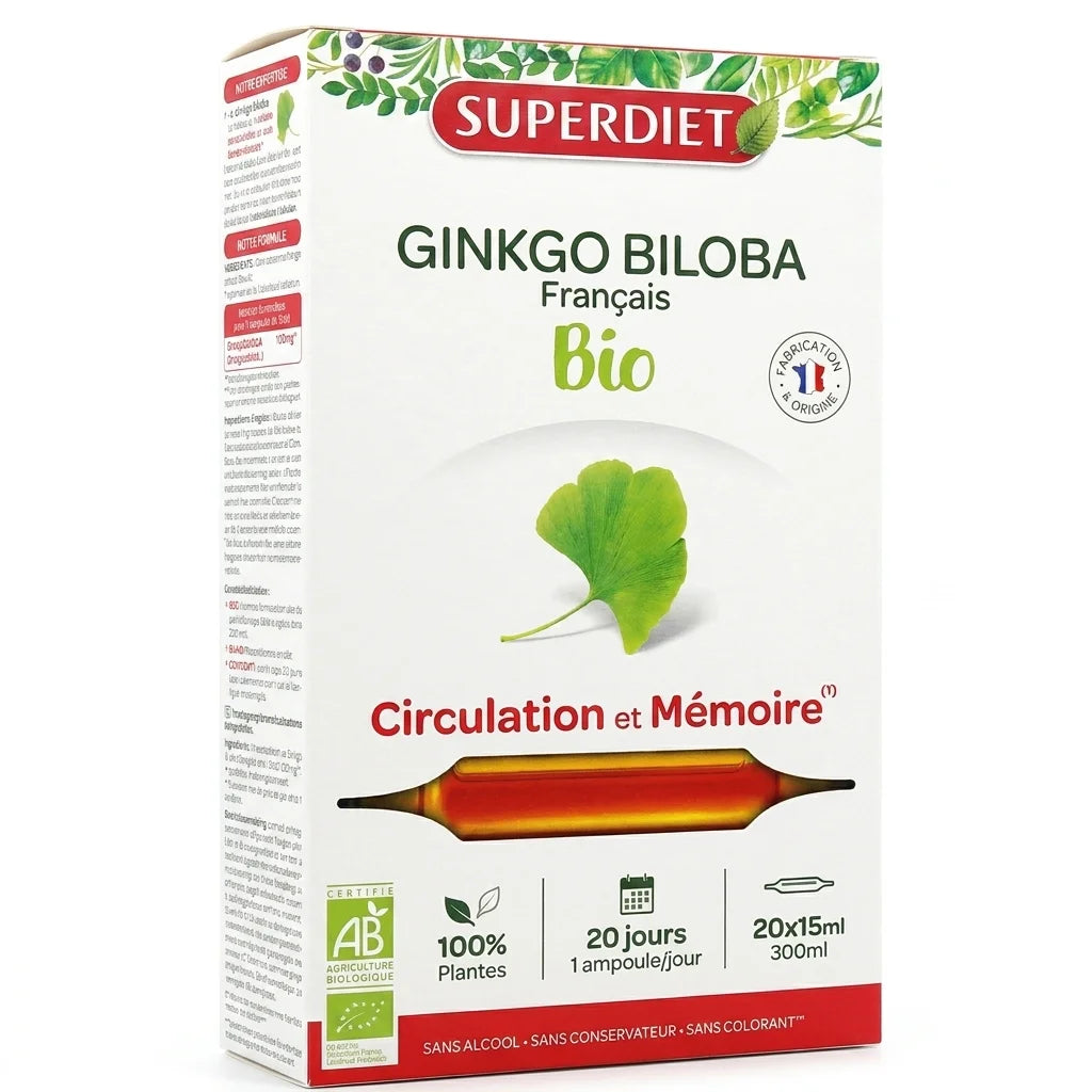 Superdiet Ginkgo Biloba Bio - Coffret 20 ampoules 15ml complément alimentaire certifié AB