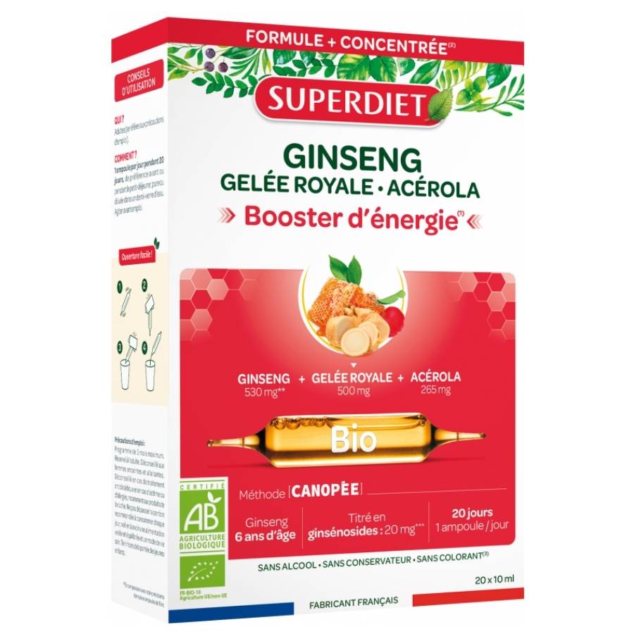 Une boite de ginseng gelée royale et acérola bio de 20 ampoules de 15 ml de la marque Superdiet
