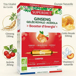 Boîte Superdiet Ginseng Gelée Royale Acérola Bio 20 ampoules avec ingrédients naturels et certification bio