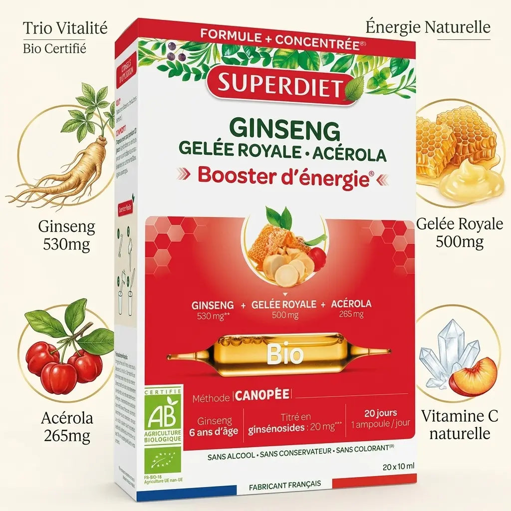 Boîte Superdiet Ginseng Gelée Royale Acérola Bio 20 ampoules avec ingrédients naturels et certification bio