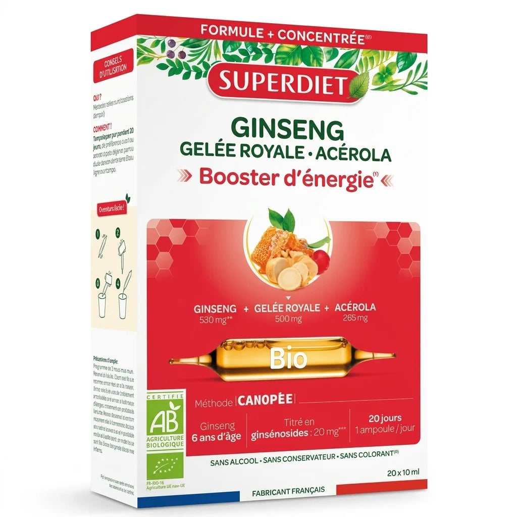 Superdiet Ginseng Gelée Royale Acérola Bio 20 ampoules boîte packaging blanc certifié AB