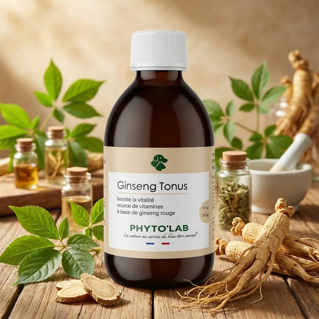 Bouteille Ginseng Tonus pour chien 250ml avec racines de ginseng et feuilles vertes sur bois