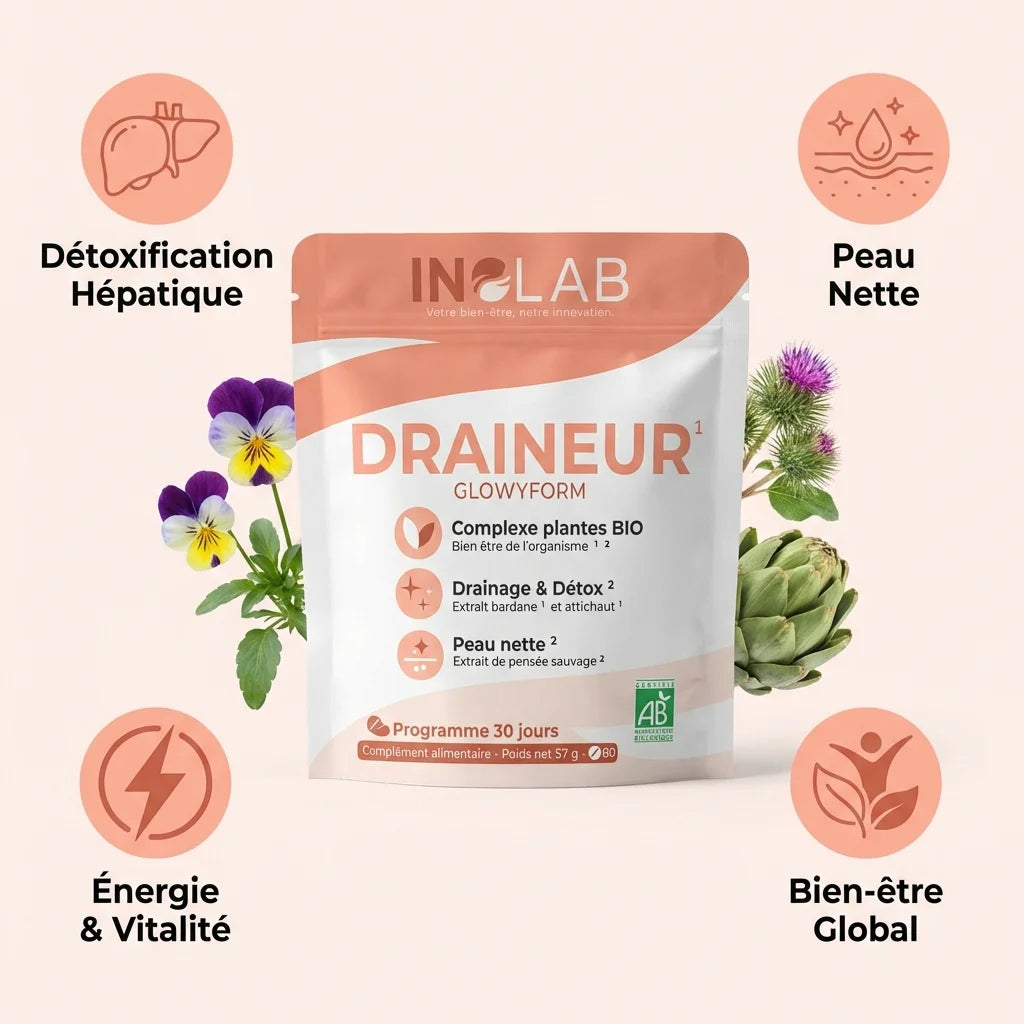 GlowyForm Inolab Draineur - Complexe détox foie et peau nette avec bénéfices clés affichés