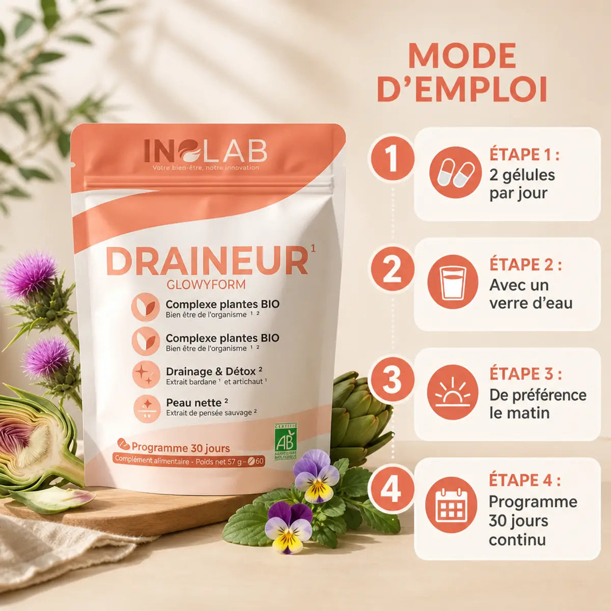 GlowyForm Inolab complexe détox foie bio avec mode d'emploi 30 jours et ingrédients naturels artichaut