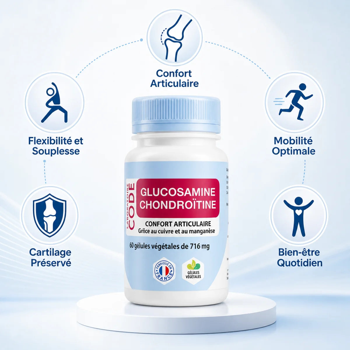 Glucosamine Chondroïtine MSM 60 gélules avec 5 bénéfices : confort articulaire, flexibilité, cartilage préservé, mobilité, bien-être