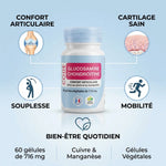 Glucosamine Chondroïtine MSM 60 gélules Code Laboratory avec infographie des 5 bénéfices articulaires
