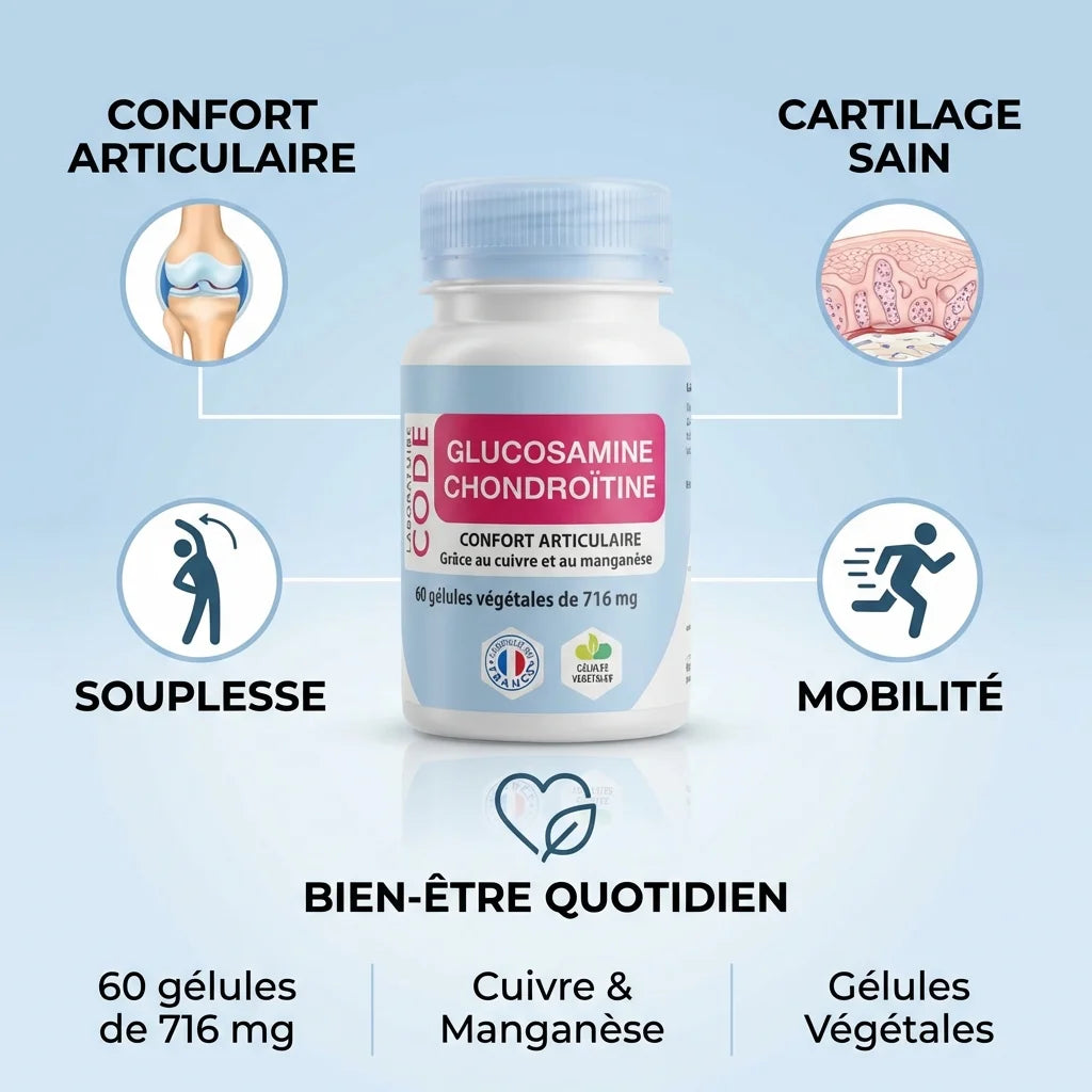Glucosamine Chondroïtine MSM 60 gélules Code Laboratory avec infographie des 5 bénéfices articulaires