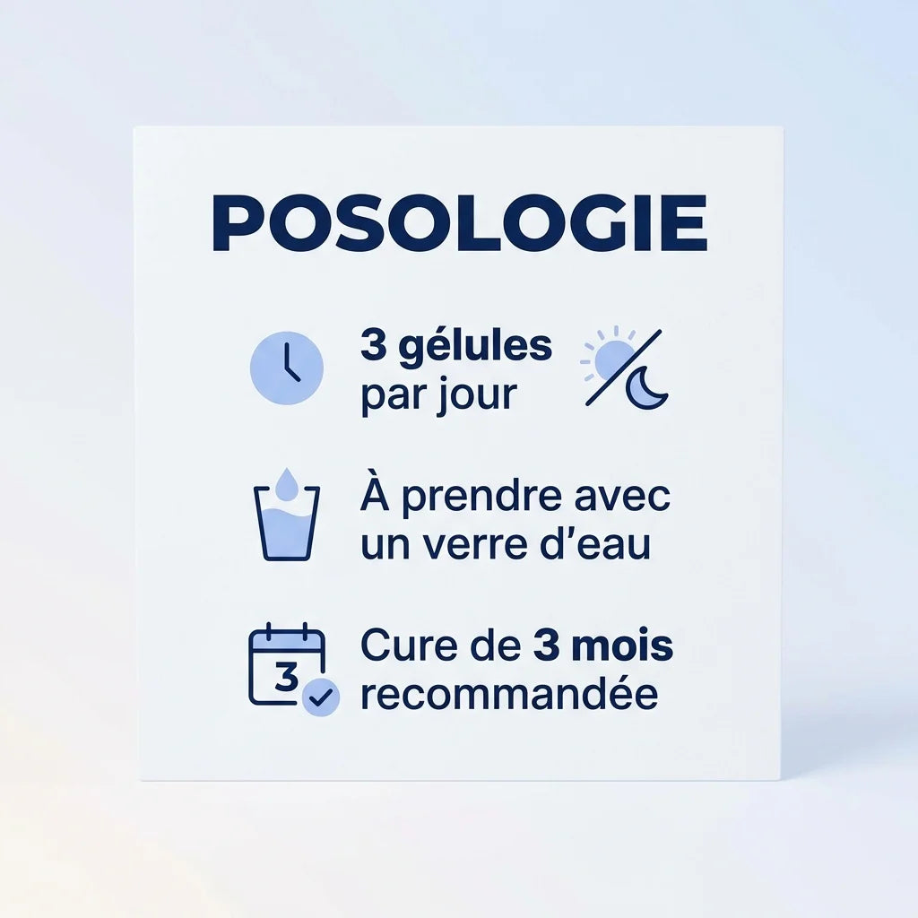Infographie posologie glucosamine chondroïtine MSM : 3 gélules par jour, cure 3 mois recommandée