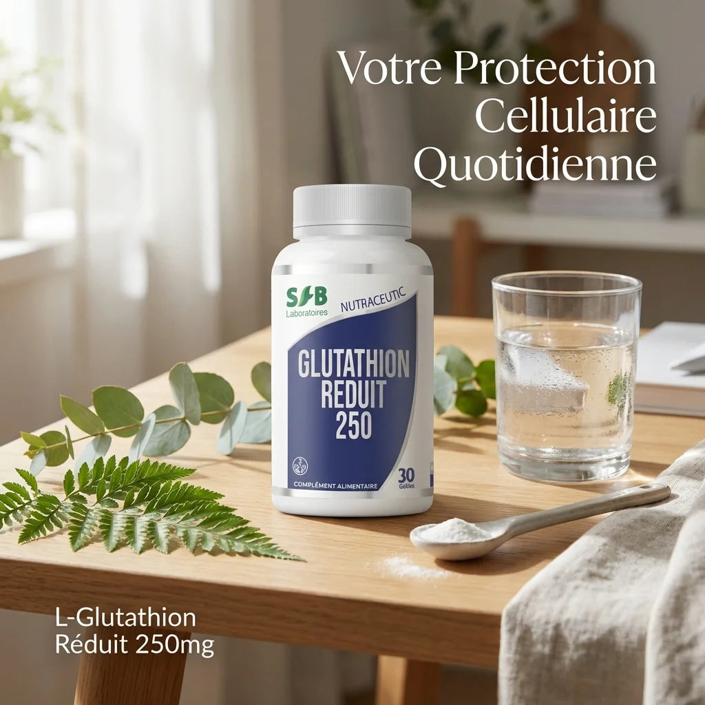 Glutathion Réduit 250mg SFB Laboratoires sur espace wellness avec feuilles vertes et verre d'eau