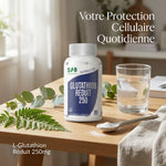 Glutathion Réduit 250mg SFB Laboratoires sur espace wellness avec feuilles vertes et verre d'eau