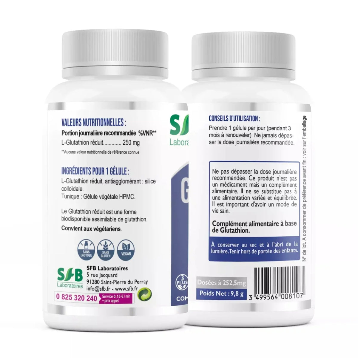 Les valeurs nutritionnelles de Glutathion Réduit 250mg 30 gélules SFB Laboratoires complément alimentaire