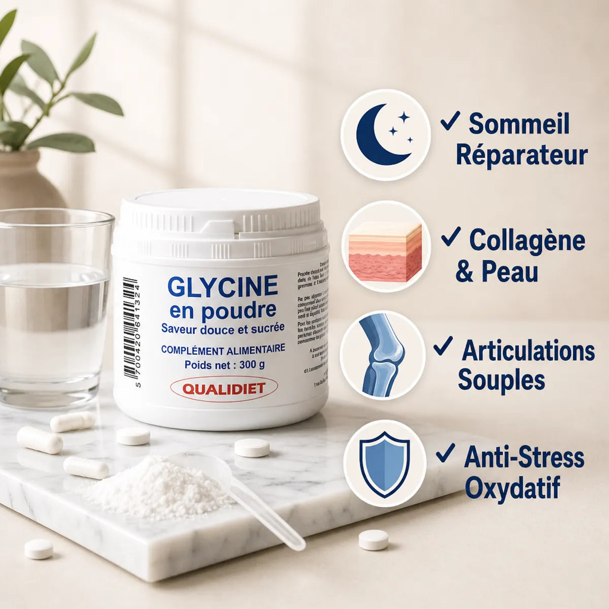 Glycine Qualidiet 300g avec bénéfices sommeil, collagène, articulations et anti-stress