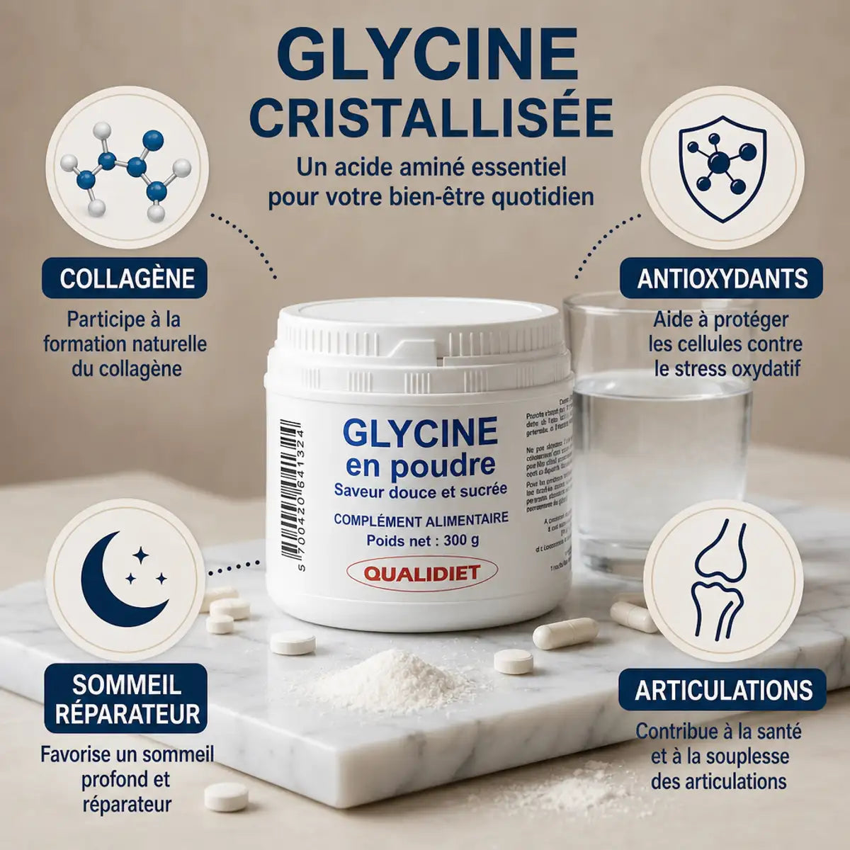 Poudre Glycine Cristallisée Qualidiet 300g avec bénéfices collagène, sommeil et articulations