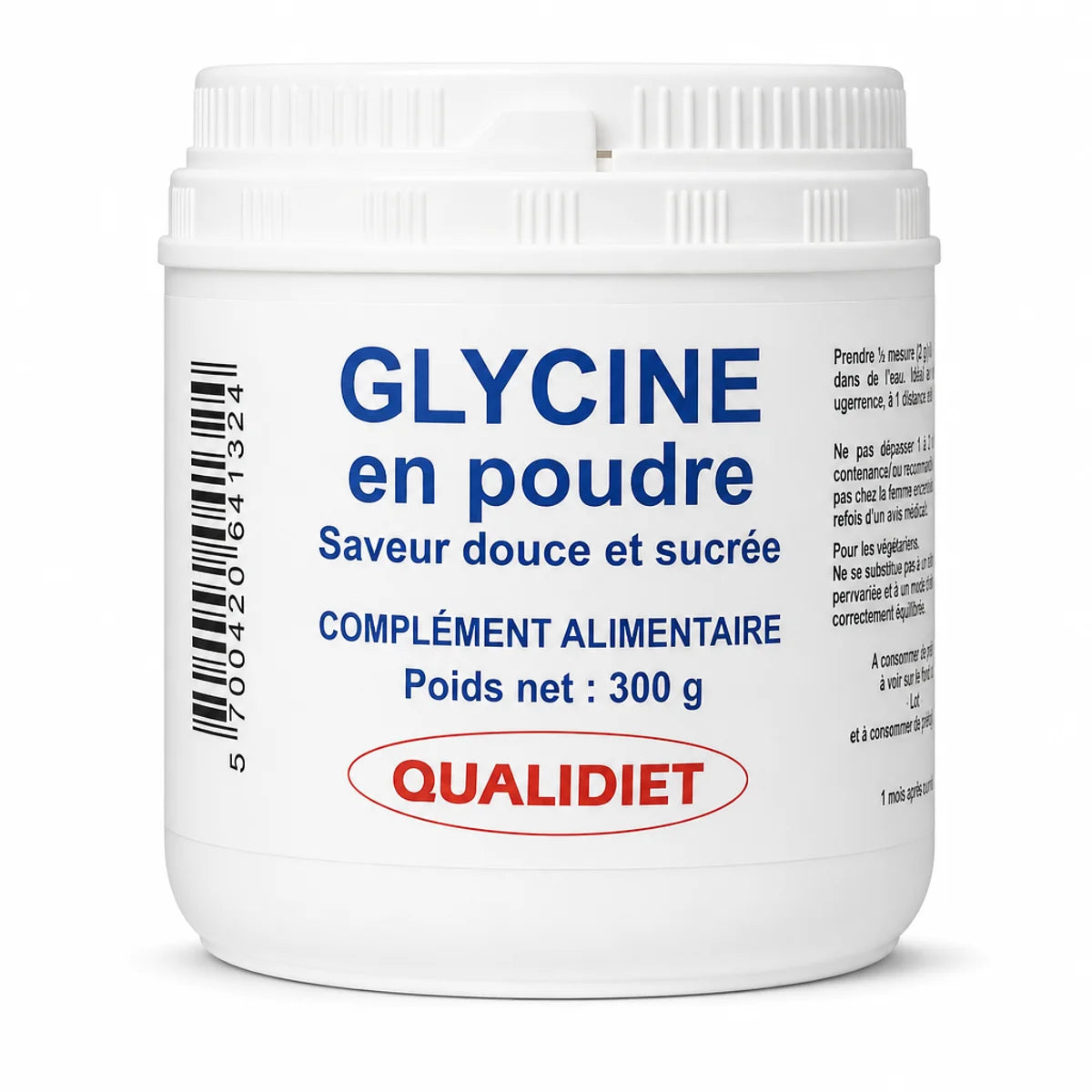 Glycine cristallisée en poudre Qualidiet 300g - Pot blanc avec étiquette bleue