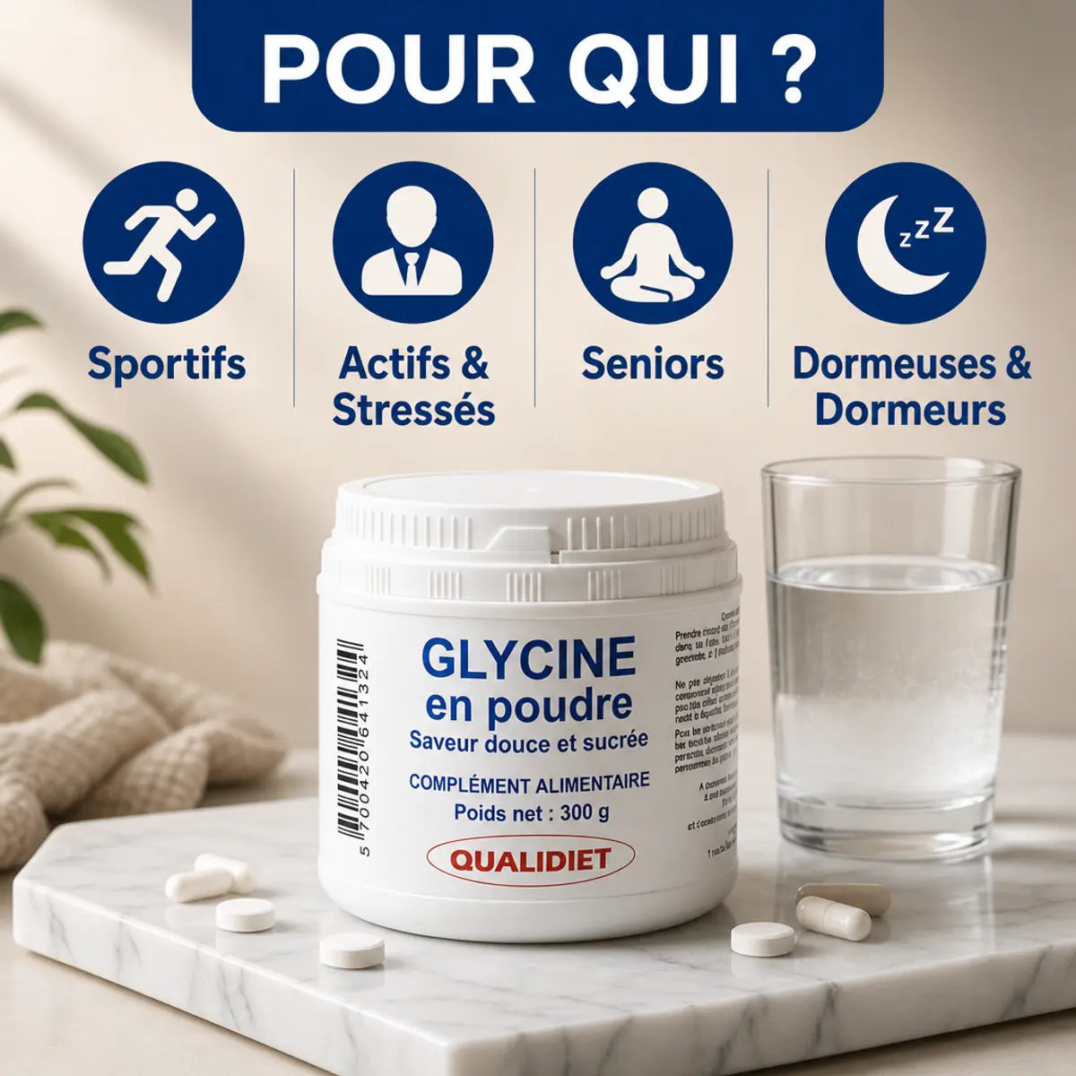 Glycine Cristallisée Qualidiet 300g pour sportifs, actifs, seniors et sommeil