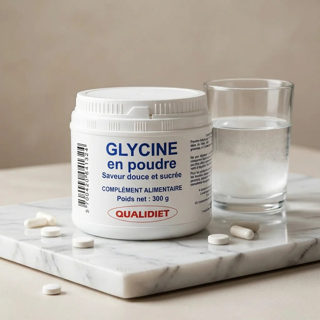 Glycine Cristallisée poudre 300g Vitalosmose avec verre d'eau et suppléments bien-être
