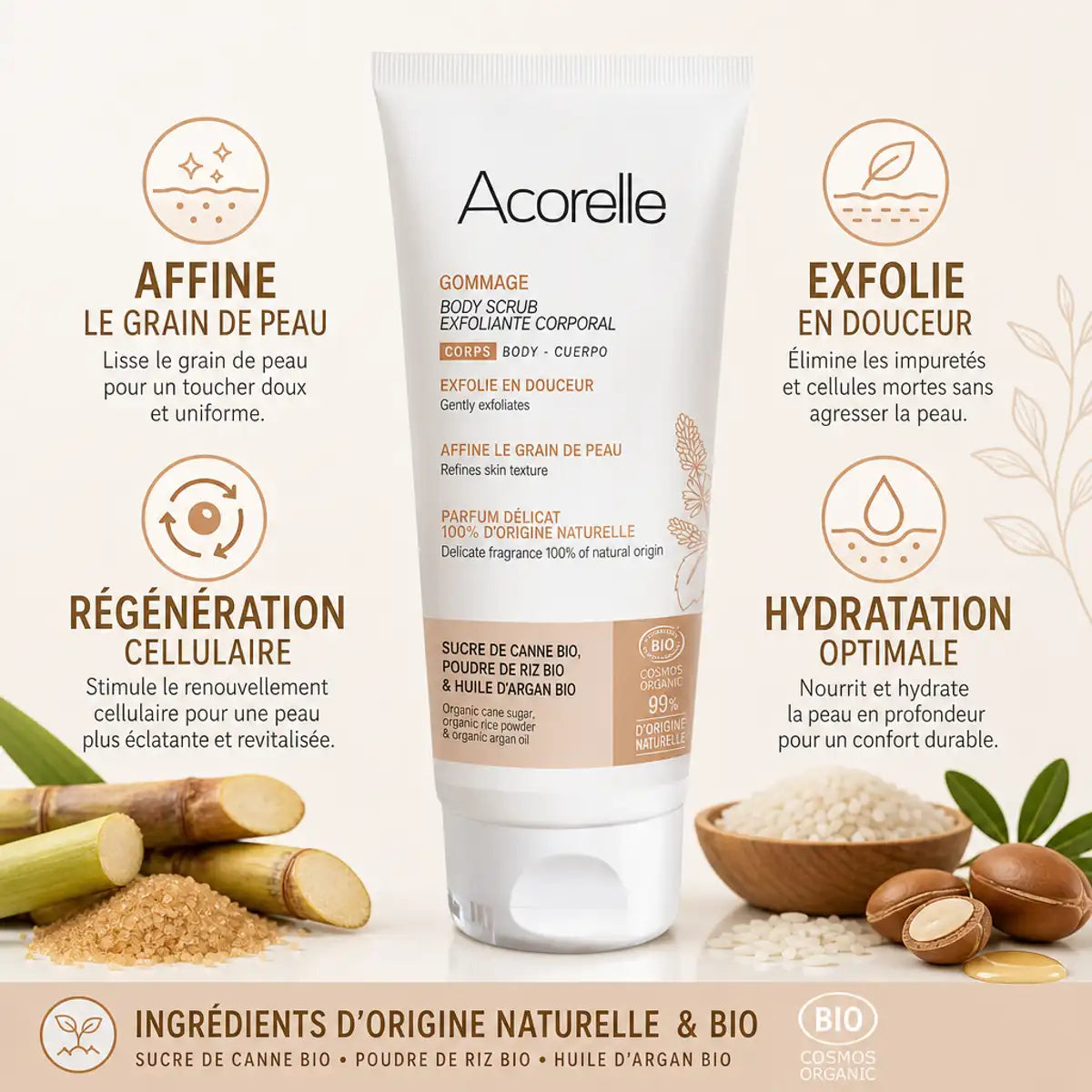 Gommage corps bio Acorelle 200ml avec ses 4 bénéfaits : exfolie, affine, régénère et hydrate