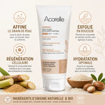 Gommage corps bio Acorelle 200ml avec ses 4 bénéfaits : exfolie, affine, régénère et hydrate