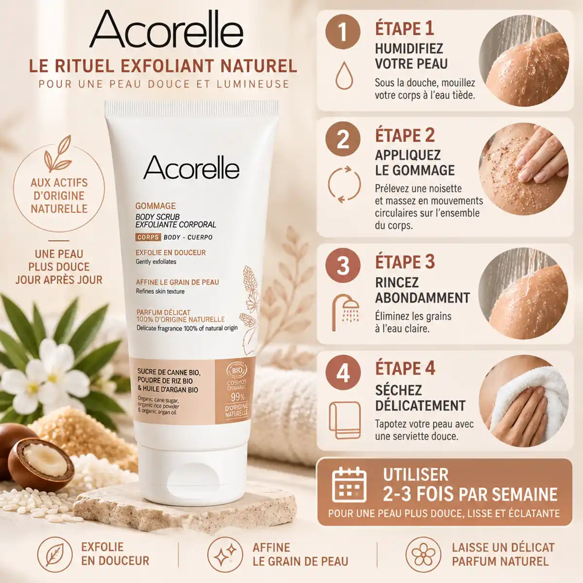 Gommage corps bio Acorelle 200ml avec guide d'utilisation en 4 étapes et instructions d'application