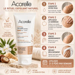 Gommage corps bio Acorelle 200ml avec guide d'utilisation en 4 étapes et instructions d'application