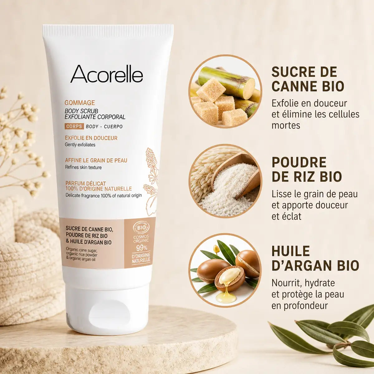 Gommage corps bio Acorelle 200ml avec ingrédients sucre canne, riz, argan bio