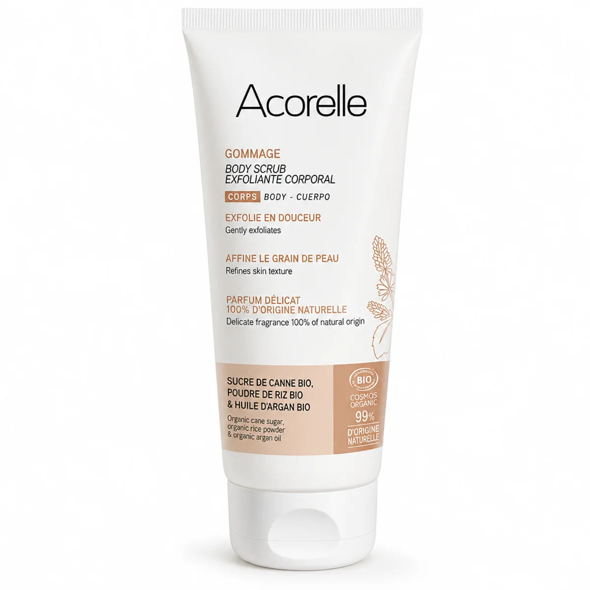 Gommage corps bio Acorelle 200ml tube beige avec certification organique sur fond blanc