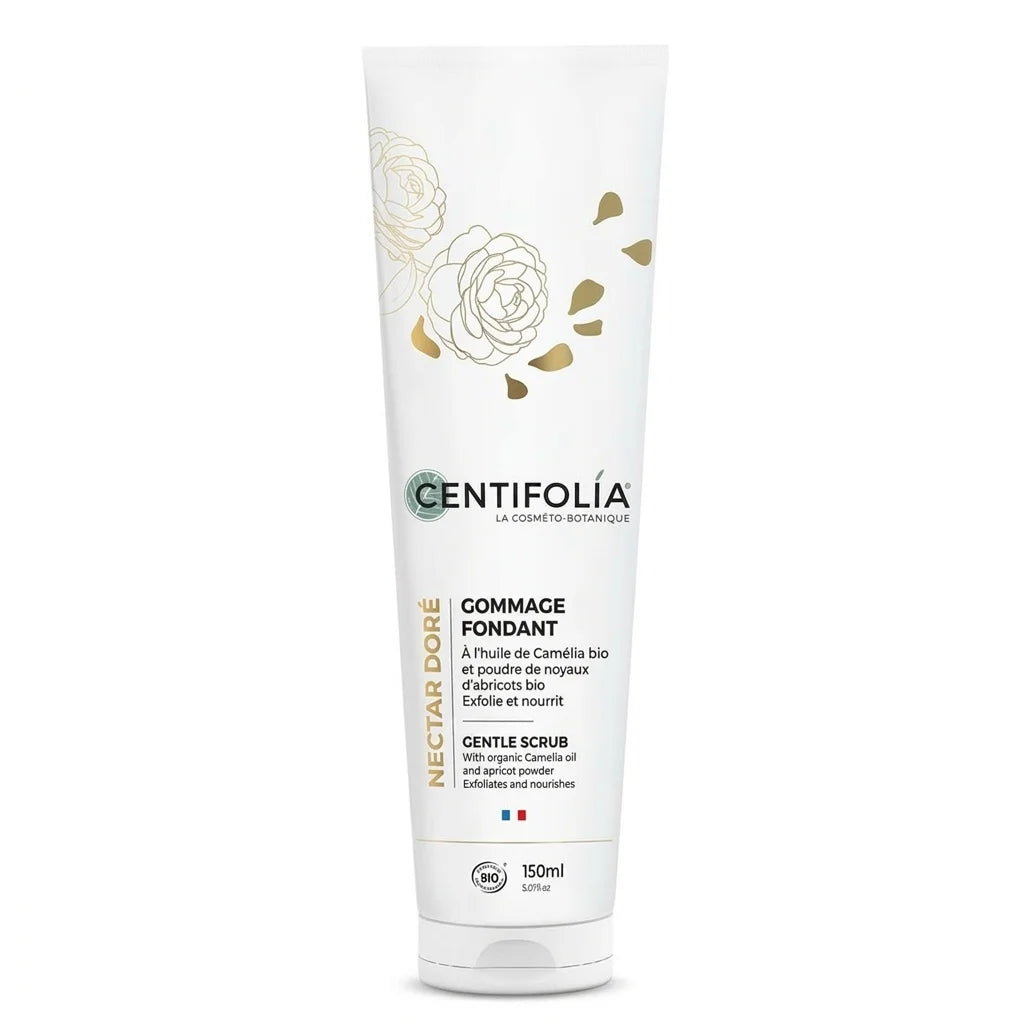 Gommage Corps Fondant Nectar Doré 150ml Centifolia tube blanc avec fleurs de camélia dorées