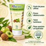 Gommage visage au Triphala Cosmos Organic AyurVana 75 ml, tube vert avec fruits, feuilles d'aloe et bienfaits pour la peau