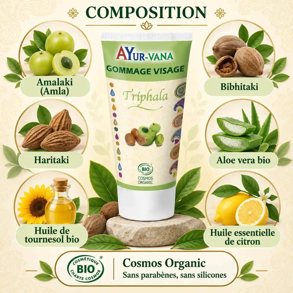 Gommage visage Triphala AyurVana 75 ml, tube Cosmos Organic entouré des ingrédients : amalaki, bibhitaki, haritaki, aloe vera