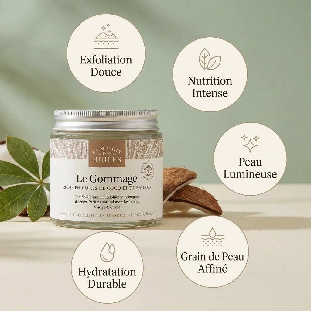 Gommage visage et corps bio 100ml Comptoir des Huiles avec infographie des 5 bénéfices