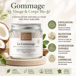 Gommage visage corps bio 100ml - pot verre avec bénéfices exfoliation hydratation nutrition peau lumineuse