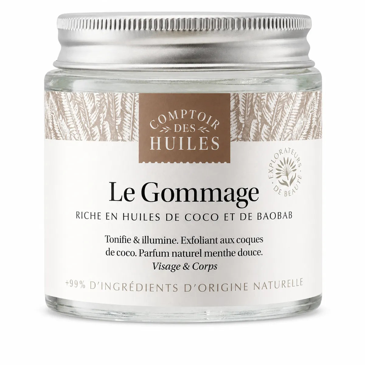 Gommage Visage & Corps Bio 100ml Comptoir des Huiles dans pot verre avec étiquette beige
