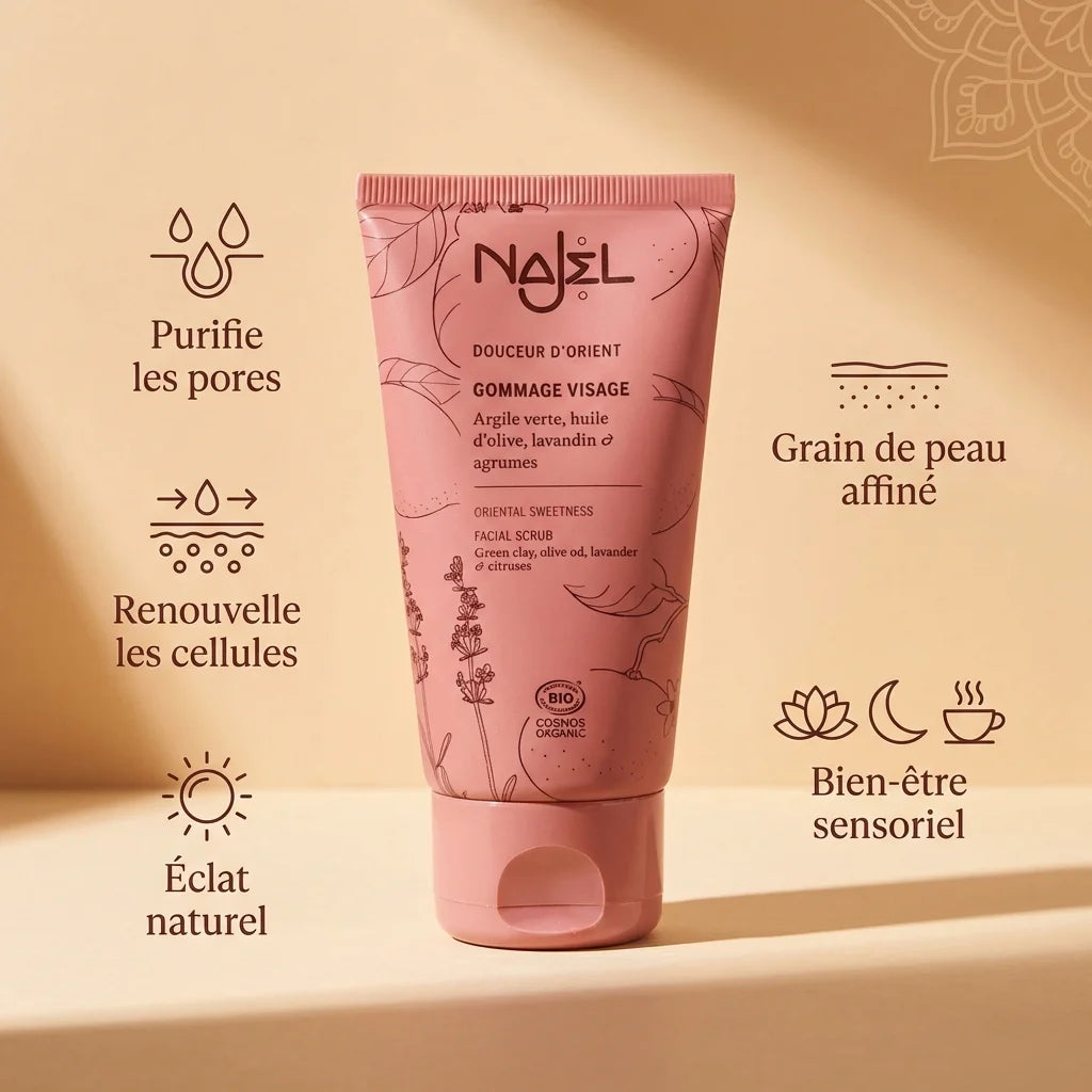 Gommage visage Douceur d'Orient Bio Najel 75ml avec bénéfices: purifie, renouvelle, éclat naturel