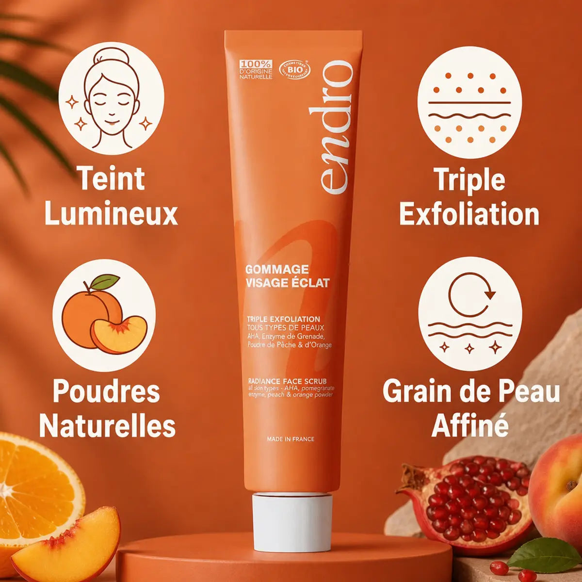 Gommage visage Endro 75ml avec bénéfices : teint lumineux, triple exfoliation, poudres naturelles