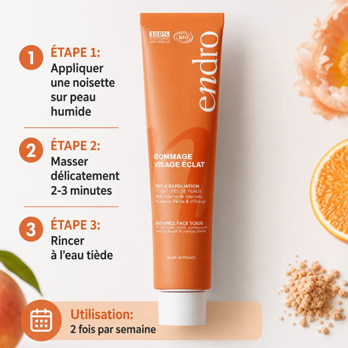 Gommage visage éclat Endro 75ml avec guide d'utilisation en 3 étapes sur fond blanc