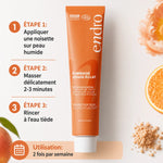 Gommage visage éclat Endro 75ml avec guide d'utilisation en 3 étapes sur fond blanc