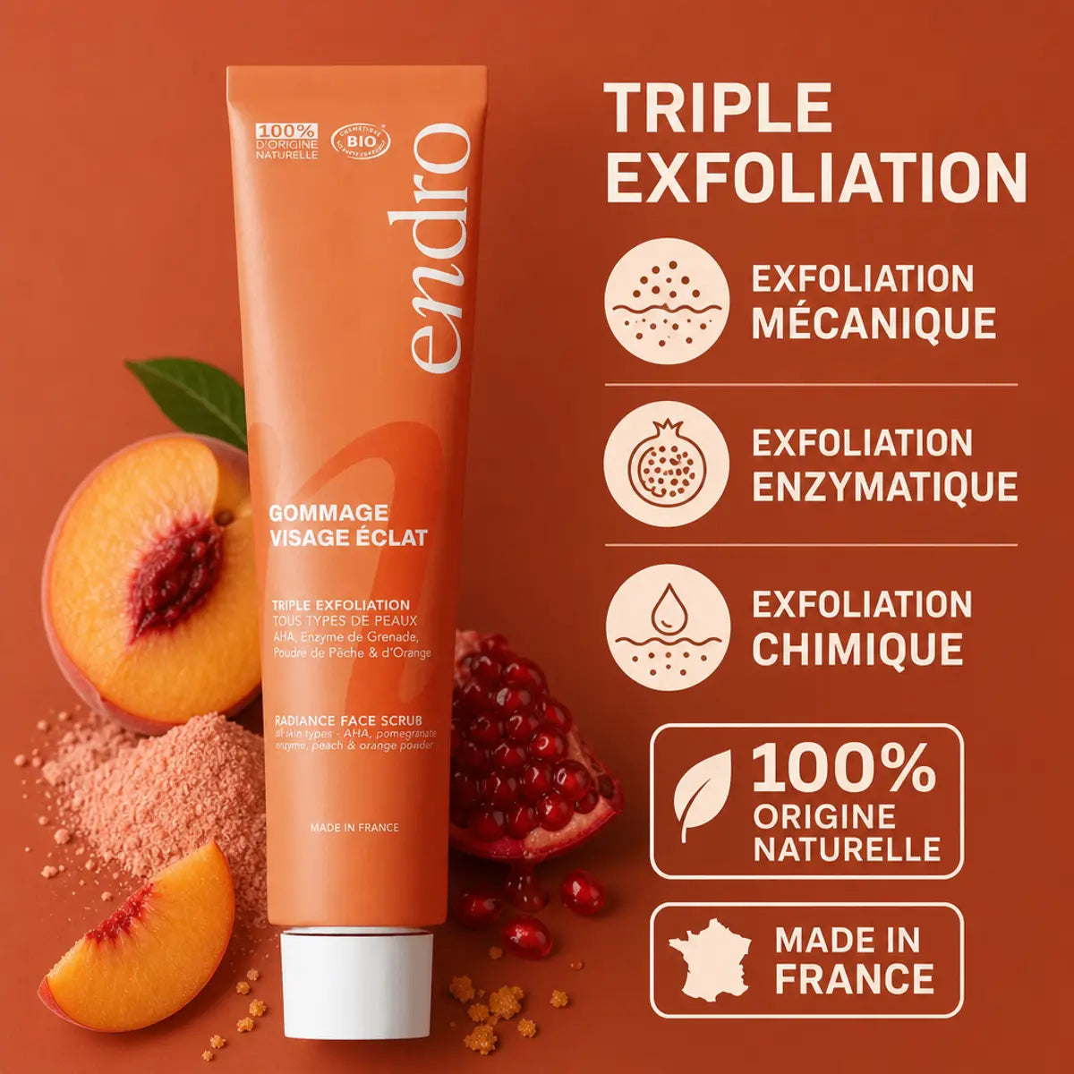 Gommage visage éclat Endro 75ml tube orange avec infographie triple exfoliation naturelle