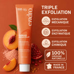 Gommage visage éclat Endro 75ml tube orange avec infographie triple exfoliation naturelle