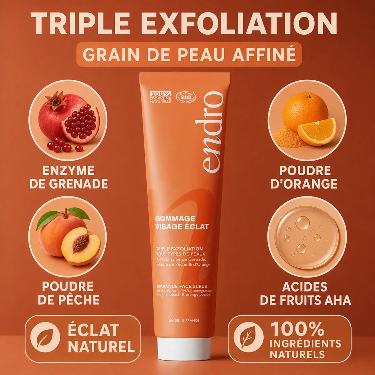 Gommage visage éclat Endro 75ml tube orange avec ingrédients naturels triple exfoliation