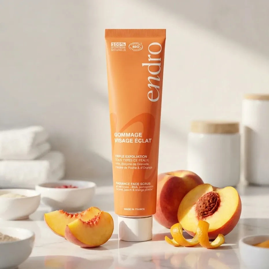Gommage visage éclat Endro 75ml sur marbre avec agrumes et packaging corail