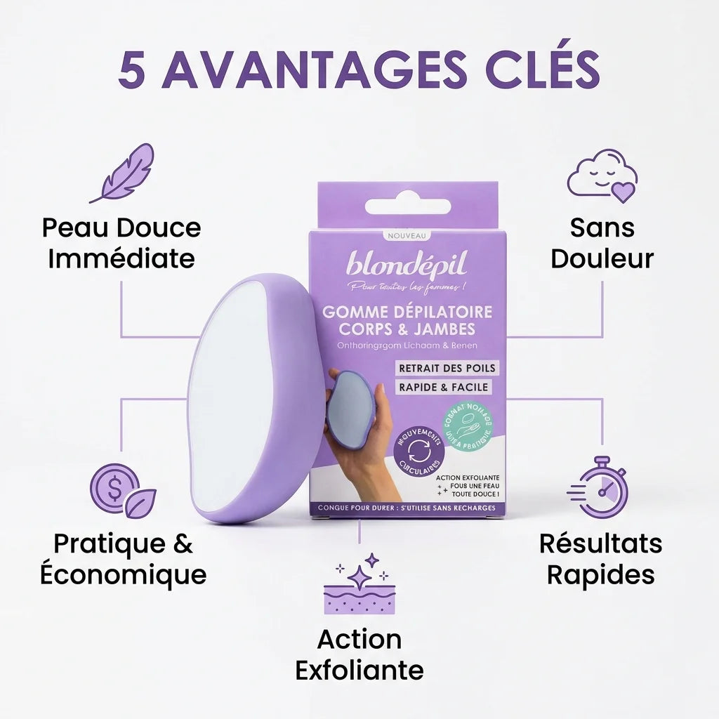 Gomme Dépilatoire Blondépil Corps et Jambes avec infographie des 5 bénéfices principaux