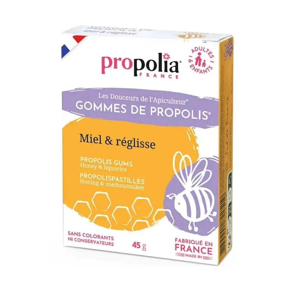 Boîte de 45g de gommes de propolis goût miel réglisse de la marque Propolia