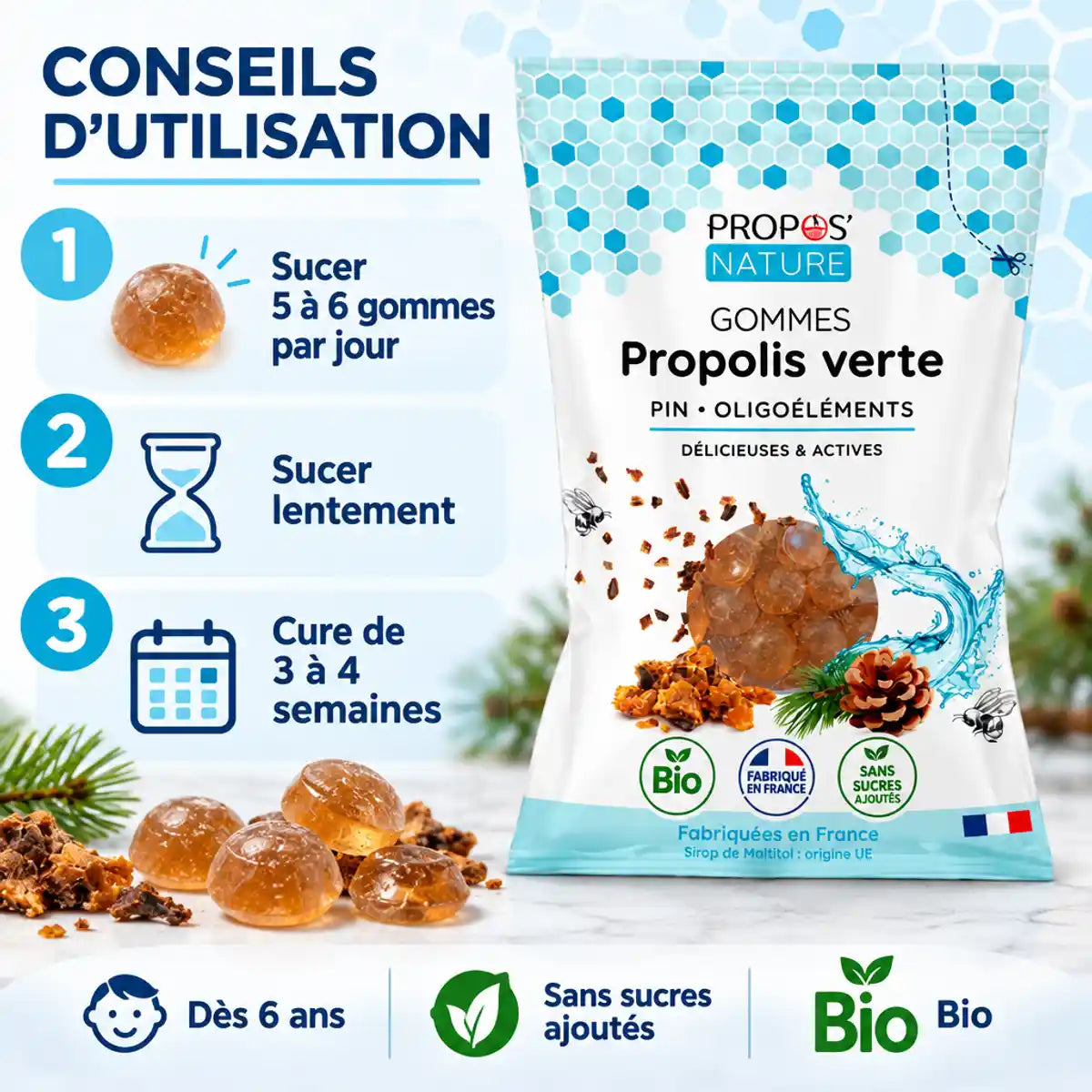 Gommes Propolis verte bio Propos'Nature 45 g : emballage et guide d'utilisation en 3 étapes, dès 6 ans, sans sucres ajoutés