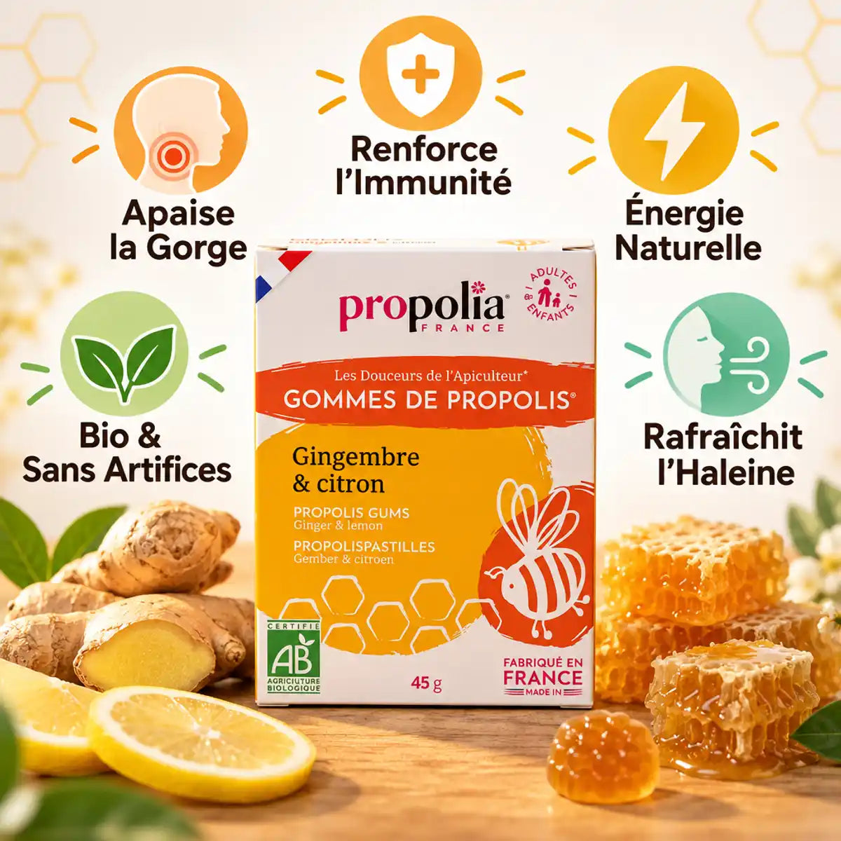 Gommes Propolis Gingembre Citron Bio 45g - Boîte Propolia avec bénéfices santé
