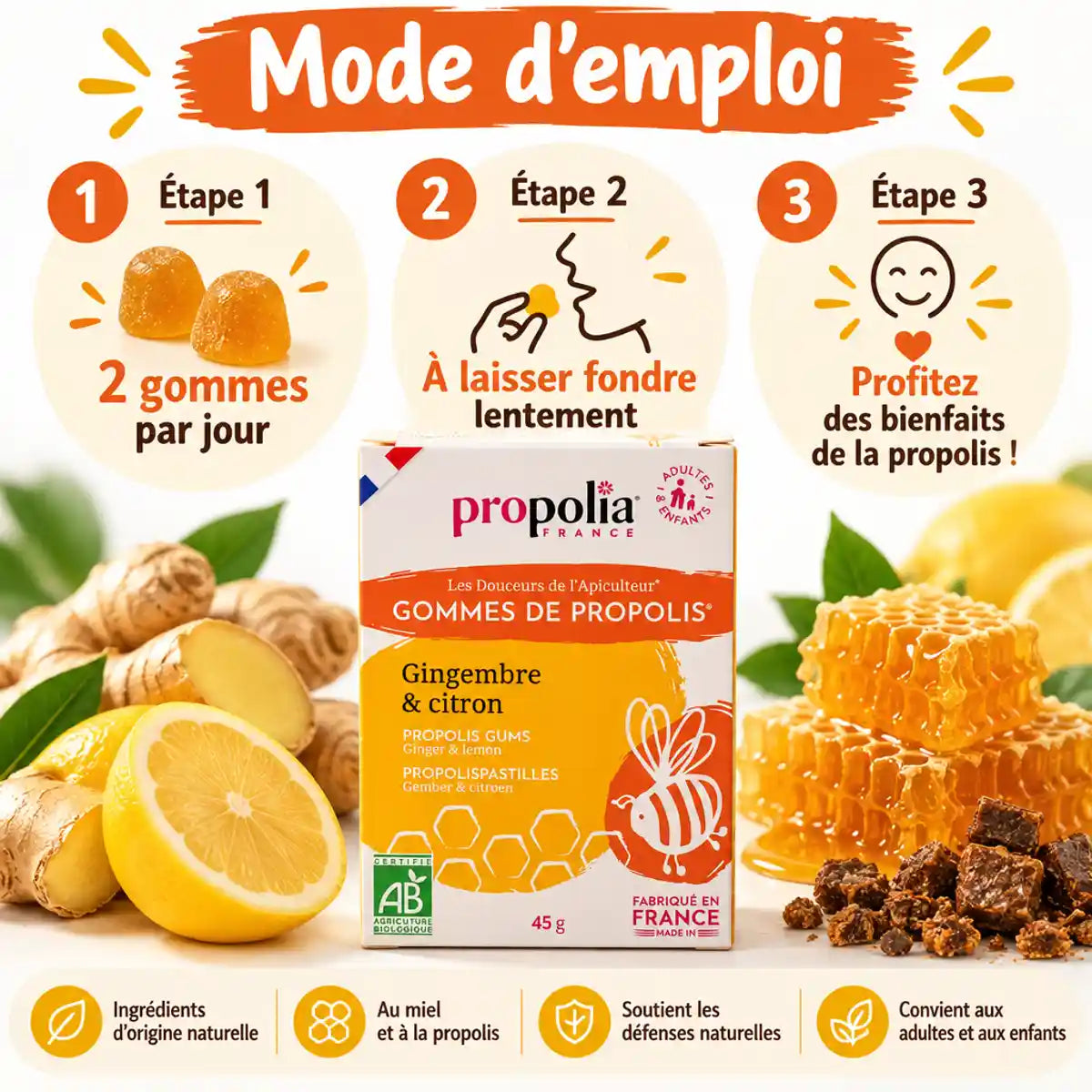 Gommes Propolis Gingembre Citron Bio Propolia - 45g avec mode d'emploi et ingrédients naturels
