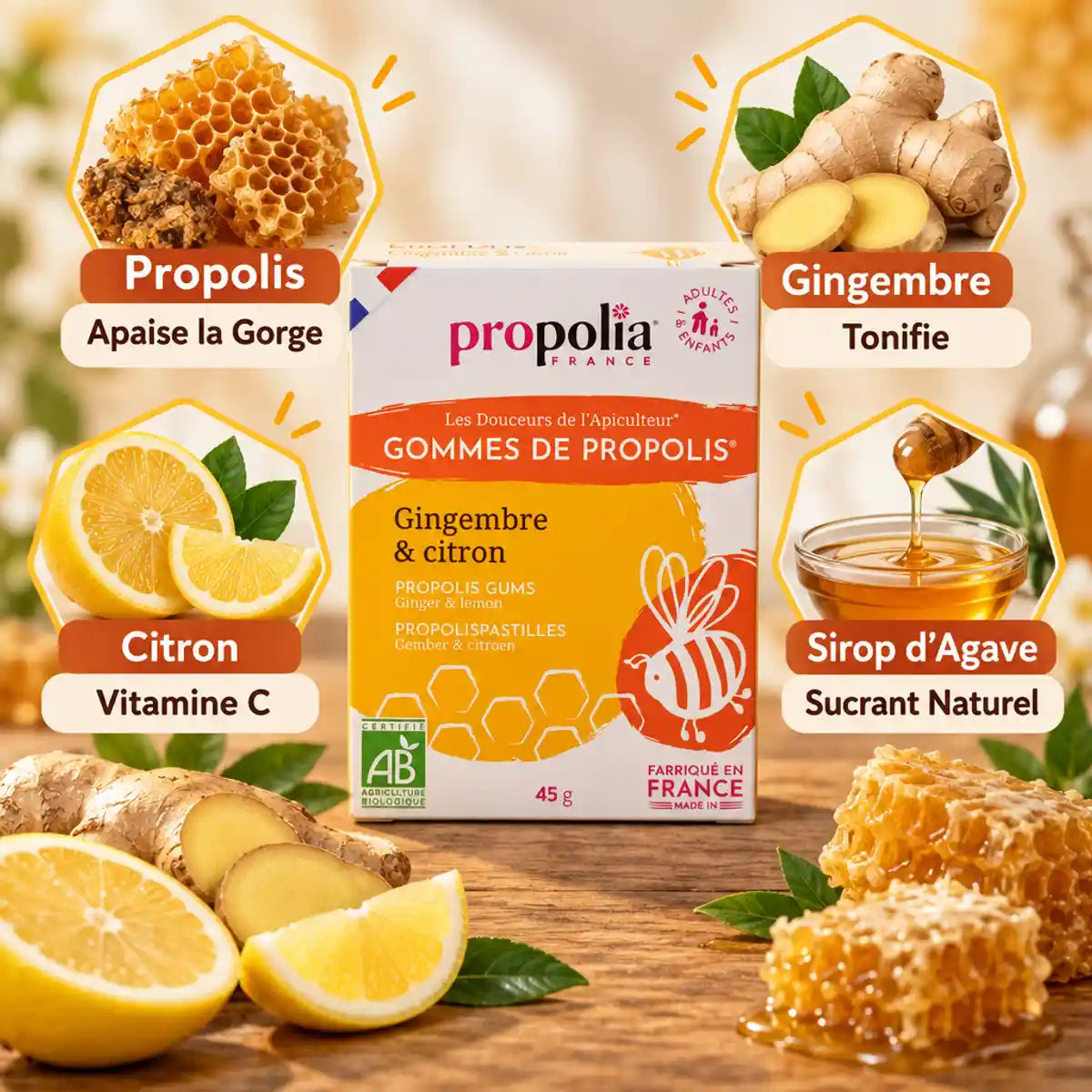 Gommes Propolis Gingembre Citron Bio Propolia 45g avec ingrédients naturels et bienfaits
