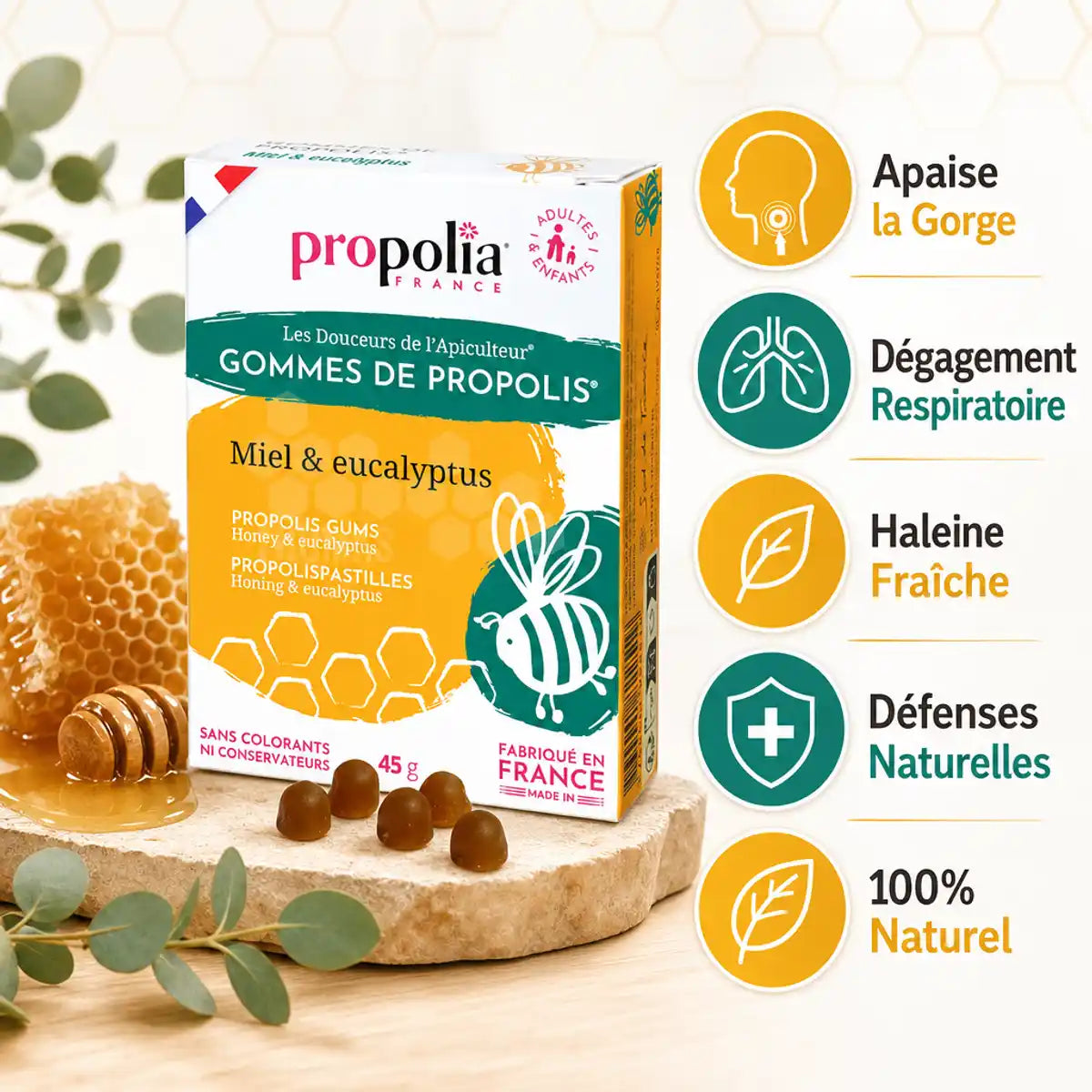 Gommes Propolis Miel Eucalyptus Propolia 45g avec bénéfices gorge respiratoire haleine fraîche naturel