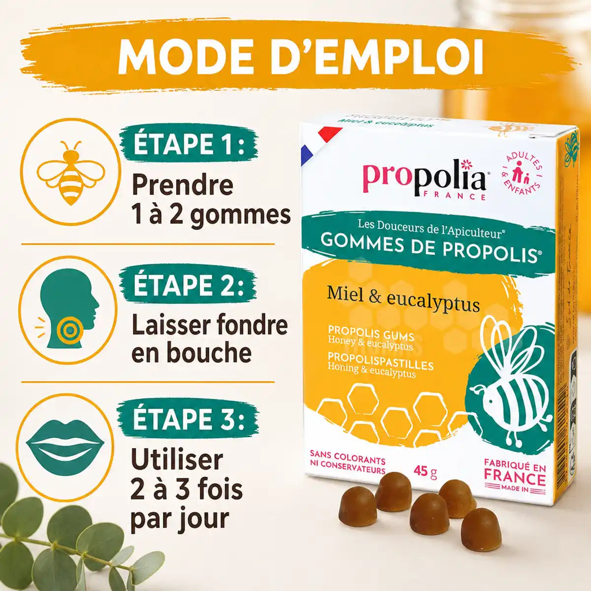 Gommes Propolis Miel Eucalyptus Propolia 45g avec mode d'emploi et instructions d'utilisation