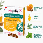 Gommes Propolia miel eucalyptus 45g avec infographie ingrédients propolis menthe